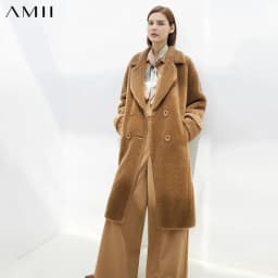 Amii Fur Coat 2026 Winter New Warm Office Lady Turn-Down Collar Full Wool Outerwears Straight Double-breasted Coat 12554013