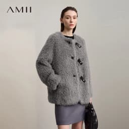 AMII Fur Coat Woman 2026 Winter New Round Neck Loose Long Sleeves Ladies Clothing Leather Button Warm Women's Fur Coat 12524008
