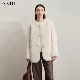 AMII Fur Coat Woman 2026 Winter New Round Neck Loose Long Sleeves Ladies Clothing Leather Button Warm Women's Fur Coat 12524008