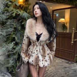 Autumn Winter Women Lapel Collar Leopard Faux Mink Fur Coat Adjustable Rope Waist Long Sleeve Warm Jacket Outerwear