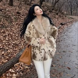 Autumn Winter Women Lapel Collar Leopard Faux Mink Fur Coat Adjustable Rope Waist Long Sleeve Warm Jacket Outerwear