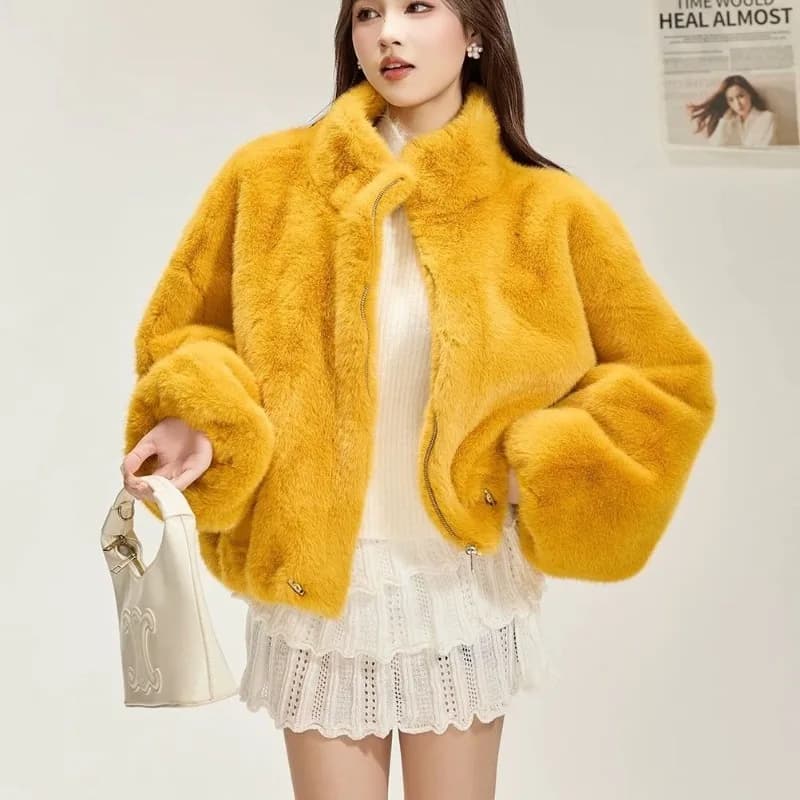 Women Casual Faux Fur Coat Stand Collar Zip Up Long Sleeve Oversized Fluffy Warm Trendy Cropped Jacket Fall Winter