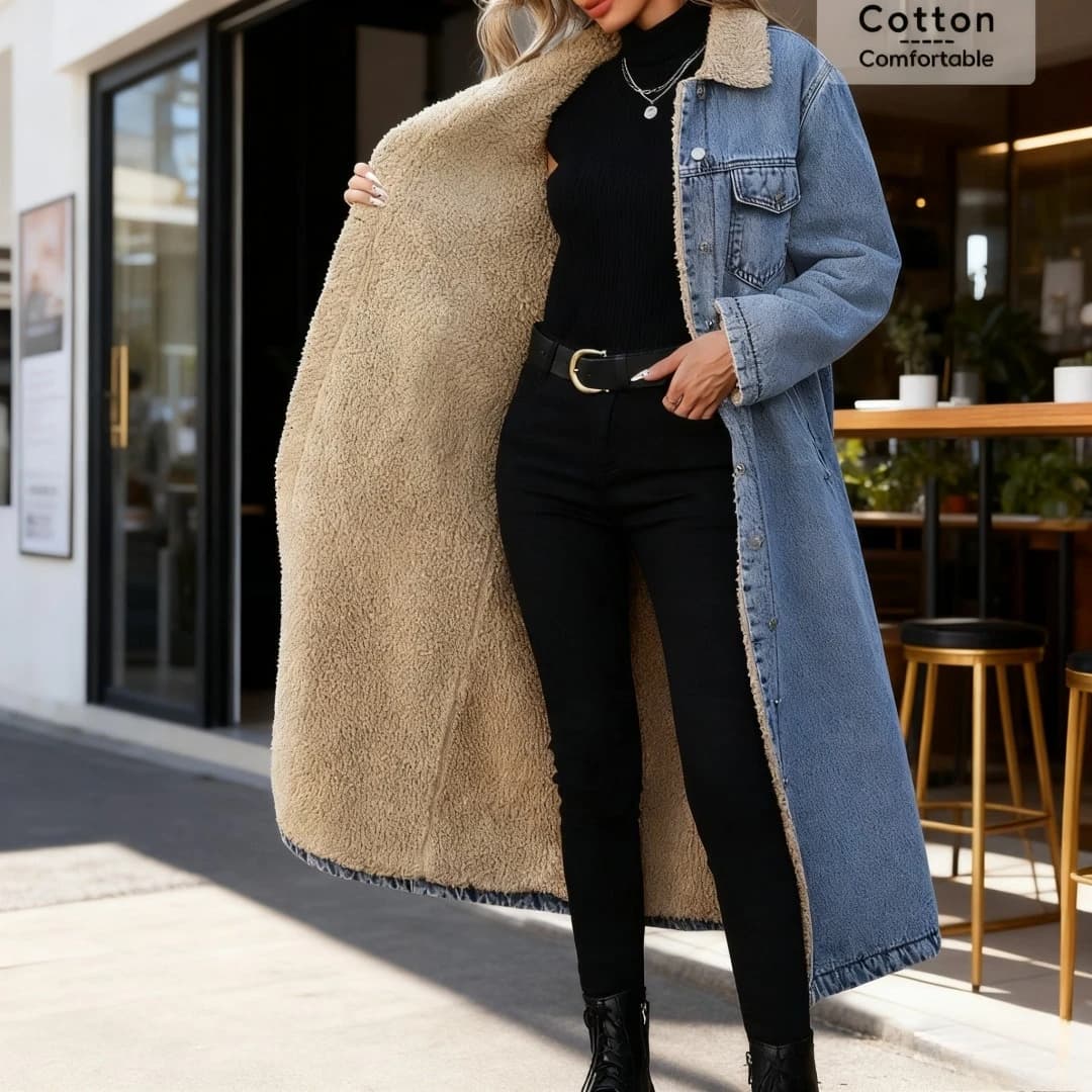 Women Faux Fur Mid Length Coats Jackets Turn Down Collar Coat Thick Denim Y2k Streetwear Jacket Elegant Outerwear Autumn Winter