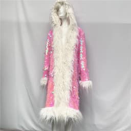 Patchwork Women Hooded Faux Fur Coat Fox Fur Long Sleeve Thick Warm Fur Outerwear Spliced Party Stage Loose Fit Sequined