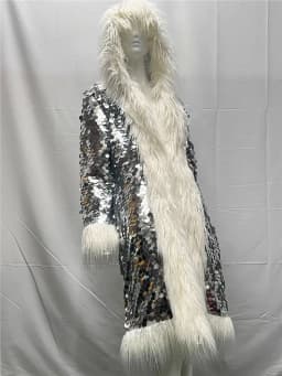 Patchwork Women Hooded Faux Fur Coat Fox Fur Long Sleeve Thick Warm Fur Outerwear Spliced Party Stage Loose Fit Sequined