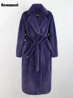 Nerazzurri Winter Long Purple Black Green Fluffy Thick Warm Luxury Faux Fur Coat Women Sashes New Arrival 2022 Furry Overcoat