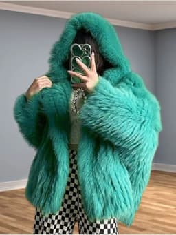 DEAT Fashion Malachite Green Faux Fur Coat Women's Hooded Loose Long Sleeves Plush Thick Jacket Winter New 7A1851