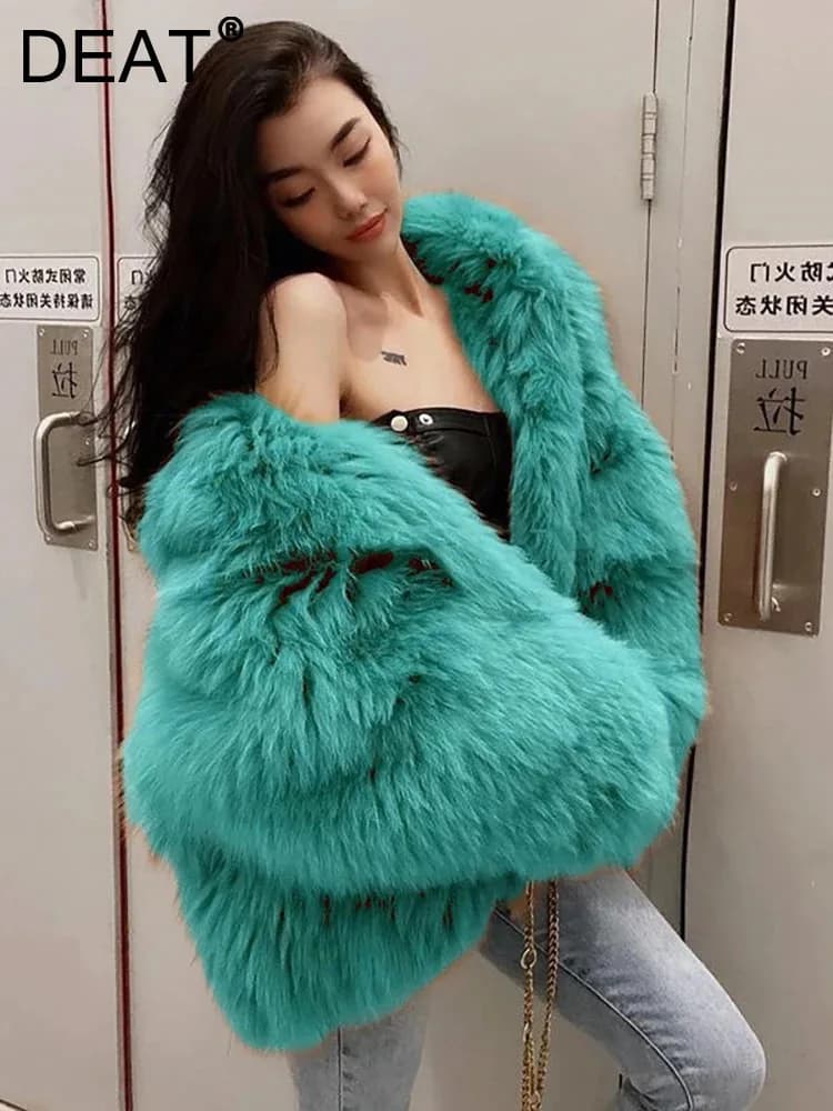 DEAT Fashion Malachite Green Faux Fur Coat Women's Hooded Loose Long Sleeves Plush Thick Jacket Winter New 7A1851