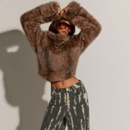 IG Women High Stand Collar Faux Fur Cropped Jacket, Long Sleeve Fluffy Short Coat, Winter Warm Casual Y2K Street Style Outerwear