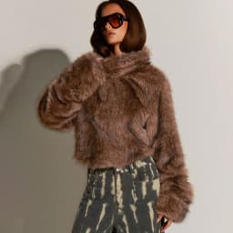 IG Women High Stand Collar Faux Fur Cropped Jacket, Long Sleeve Fluffy Short Coat, Winter Warm Casual Y2K Street Style Outerwear