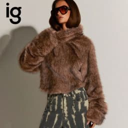 IG Women High Stand Collar Faux Fur Cropped Jacket, Long Sleeve Fluffy Short Coat, Winter Warm Casual Y2K Street Style Outerwear