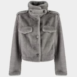IG Women Brown & Grey Stand Collar Epaulet Flap Pocket Single Breasted Cropped Jacket, Elastic Hem, Winter Warm Vintage Casual
