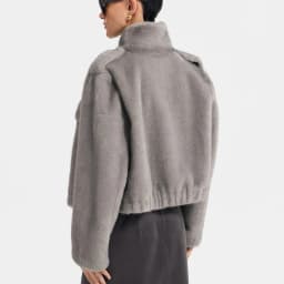 IG Women Brown & Grey Stand Collar Epaulet Flap Pocket Single Breasted Cropped Jacket, Elastic Hem, Winter Warm Vintage Casual