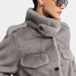 IG Women Brown & Grey Stand Collar Epaulet Flap Pocket Single Breasted Cropped Jacket, Elastic Hem, Winter Warm Vintage Casual