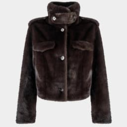 IG Women Brown & Grey Stand Collar Epaulet Flap Pocket Single Breasted Cropped Jacket, Elastic Hem, Winter Warm Vintage Casual