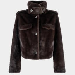 IG Women Brown & Grey Stand Collar Epaulet Flap Pocket Single Breasted Cropped Jacket, Elastic Hem, Winter Warm Vintage Casual