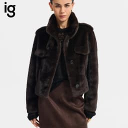IG Women Brown & Grey Stand Collar Epaulet Flap Pocket Single Breasted Cropped Jacket, Elastic Hem, Winter Warm Vintage Casual