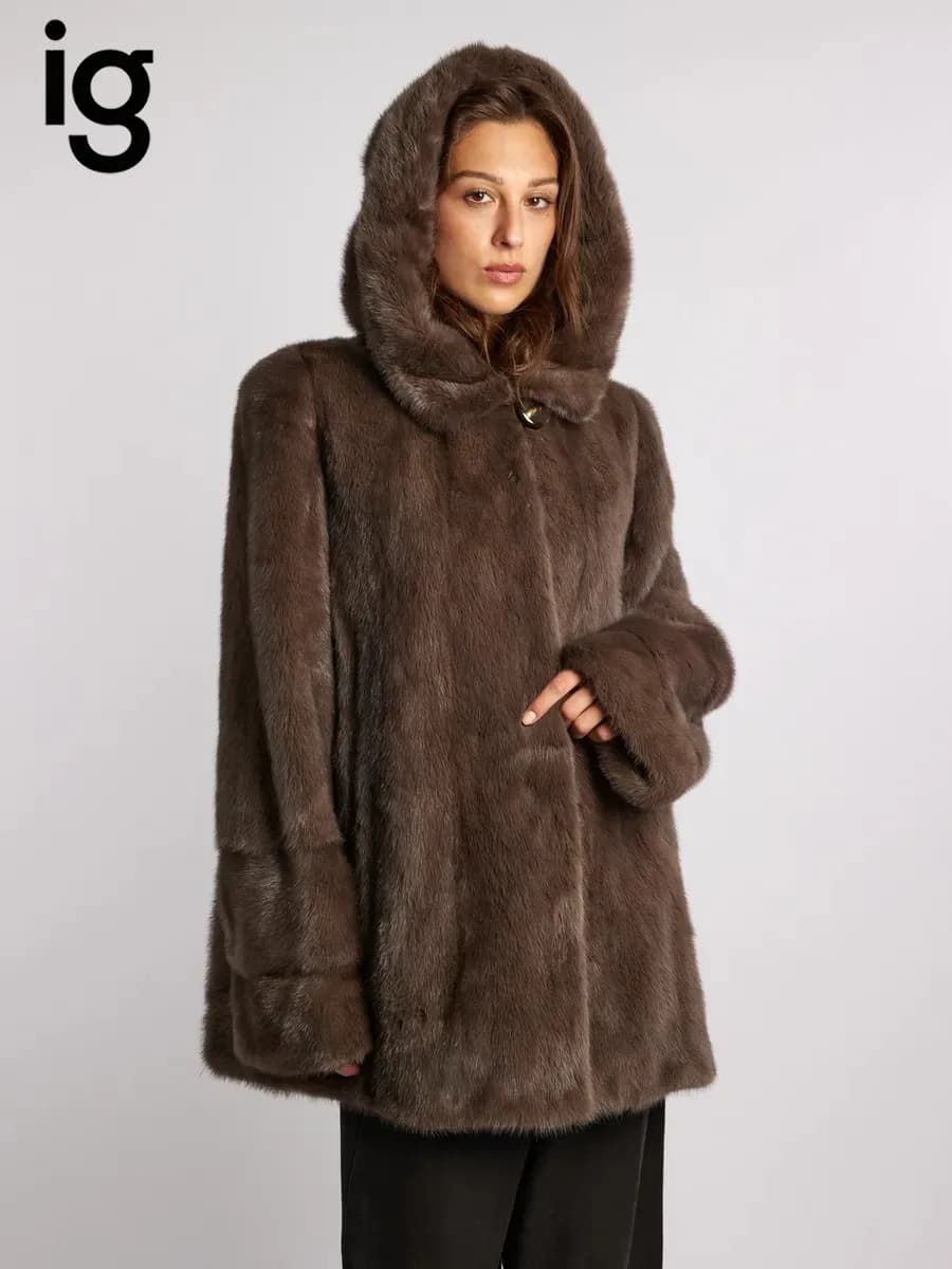 IG Women Brown Hooded Single Button Mid-Length Faux Fur Coat, Side Pockets, Winter Warm Vintage Elegant Commute Outerwear