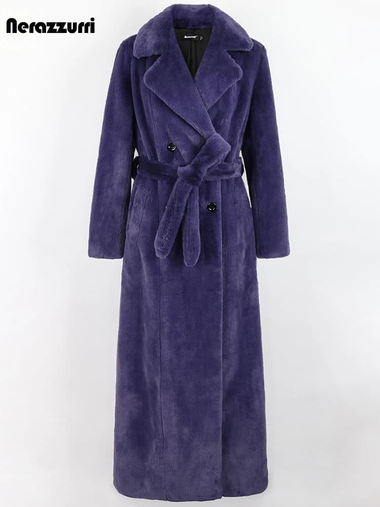 Nerazzurri Winter Extra Long Purple Black Thick Warm Soft Fluffy Faux Fur Coat Women Sashes Double Breasted Furry Overcoat 2022