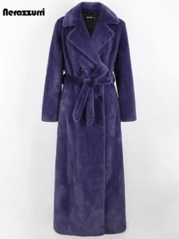 Nerazzurri Winter Extra Long Purple Black Thick Warm Soft Fluffy Faux Fur Coat Women Sashes Double Breasted Furry Overcoat 2022