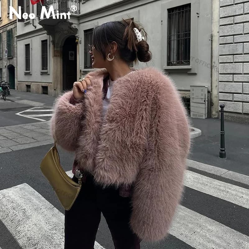Neo Mint Brand Fashion 2024 Winter Sweet Pink Cropped Faux Fur Coat Women Streetwear Ins Chic Girls Fluffy Fox Fur Jacket Female