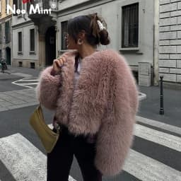 Neo Mint Brand Fashion 2024 Winter Sweet Pink Cropped Faux Fur Coat Women Streetwear Ins Chic Girls Fluffy Fox Fur Jacket Female