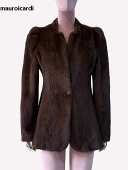Mauroicardi Autumn Winter Short Brown Warm Soft Fitted Faux Mink Fur Blazer Women Elegant Luxury Chic Skirted Fluffy Jacket Coat