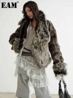 [EAM] Plaid Both Side Wear Leather Big Size Faux Fur Jacket New Lapel Long Sleeve Women Coat Fashion Autumn Winter 2026 1DH9343