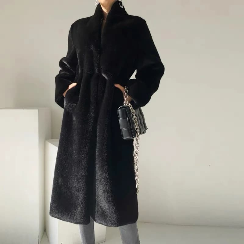 Women's Plush Jacket Stand Collar Mid-Length Winter New Style Black Faux Mink Fur Coat Street Style Plush Outerwear
