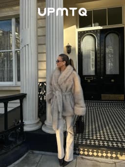 Gray Gradient Belt Oversized Tie Waist Faux Fur Maxi Women Coat for Chilly Winter Morning Old Money Clean Fit Cozy Outwear