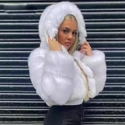 Women's Faux Fur Jacket Short with Hat, Faux Fox Fur Long Sleeved Patchwork Autumn and Winter New Style