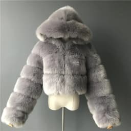Women's Faux Fur Jacket Short with Hat, Faux Fox Fur Long Sleeved Patchwork Autumn and Winter New Style