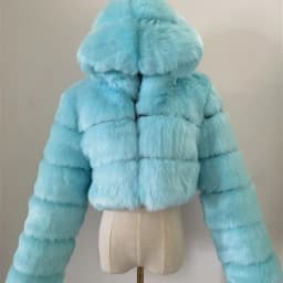 Women's Faux Fur Jacket Short with Hat, Faux Fox Fur Long Sleeved Patchwork Autumn and Winter New Style