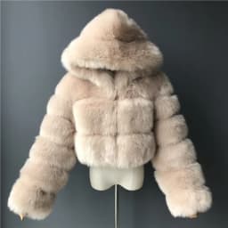 Women's Faux Fur Jacket Short with Hat, Faux Fox Fur Long Sleeved Patchwork Autumn and Winter New Style