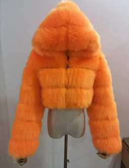 Women's Faux Fur Jacket Short with Hat, Faux Fox Fur Long Sleeved Patchwork Autumn and Winter New Style