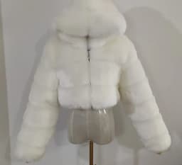 Women's Faux Fur Jacket Short with Hat, Faux Fox Fur Long Sleeved Patchwork Autumn and Winter New Style