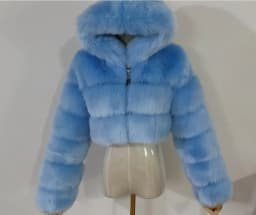 Women's Faux Fur Jacket Short with Hat, Faux Fox Fur Long Sleeved Patchwork Autumn and Winter New Style