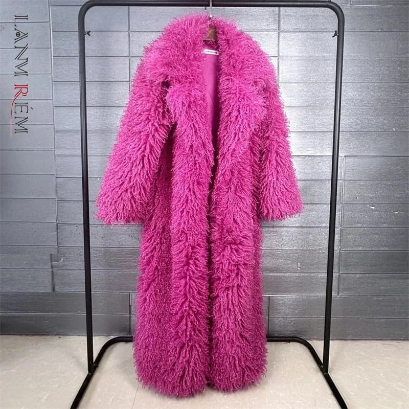LANMREM Colorful Women's Furry Coat Rose Pink Faux Fur Coat Suit Collar Autumn Winter Thick Cardigan Long Overcoat Chic 2DB5859