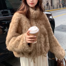 Elegant Maillard Zipper Faux Fur Jacket Women Autumn Winter Stand Collar Cropped Plush Outerwear Woman Korean Loose Warm Jacket