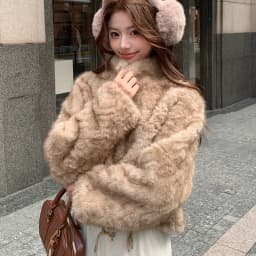 Elegant Maillard Zipper Faux Fur Jacket Women Autumn Winter Stand Collar Cropped Plush Outerwear Woman Korean Loose Warm Jacket