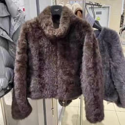 Elegant Maillard Zipper Faux Fur Jacket Women Autumn Winter Stand Collar Cropped Plush Outerwear Woman Korean Loose Warm Jacket