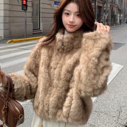 Elegant Maillard Zipper Faux Fur Jacket Women Autumn Winter Stand Collar Cropped Plush Outerwear Woman Korean Loose Warm Jacket