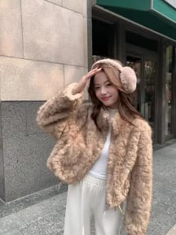 Elegant Maillard Zipper Faux Fur Jacket Women Autumn Winter Stand Collar Cropped Plush Outerwear Woman Korean Loose Warm Jacket