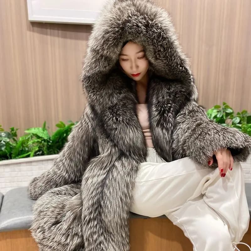 Women's fur coat imitation fox fur windbreaker hood long jacket young winter warm casual