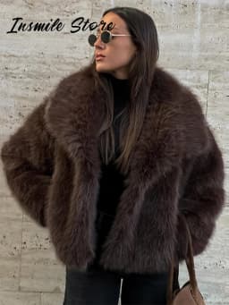 Elegant Luxury Thicken Brown Faux Fur Coats Women Loose Lapel Long Sleeve Furry Coats 2025 Winter Lady Warm Chic Outwear New