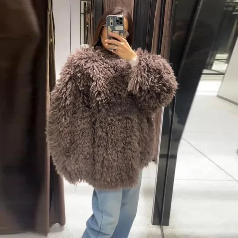 Women Brown Curly Faux Fur Coat Elegant Round Neck Full Sleeve Loose Short Furry Coats 2026 Lady Fashion Winter Street Warm Wear