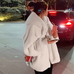 Nerazzurri Winter White Oversized Faux Fur Jacket Women with Hood Raglan Sleeve Zipper Korean Fashion Clothing for Womens 2021