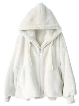 Nerazzurri Winter White Oversized Faux Fur Jacket Women with Hood Raglan Sleeve Zipper Korean Fashion Clothing for Womens 2021