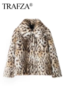 HH Woman Lapel Long Sleeves Side Pockets Casual Coat Women Winter Leopard Print Faux Fur Loose Slim Warm Coat Mujer