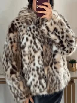 HH Woman Lapel Long Sleeves Side Pockets Casual Coat Women Winter Leopard Print Faux Fur Loose Slim Warm Coat Mujer